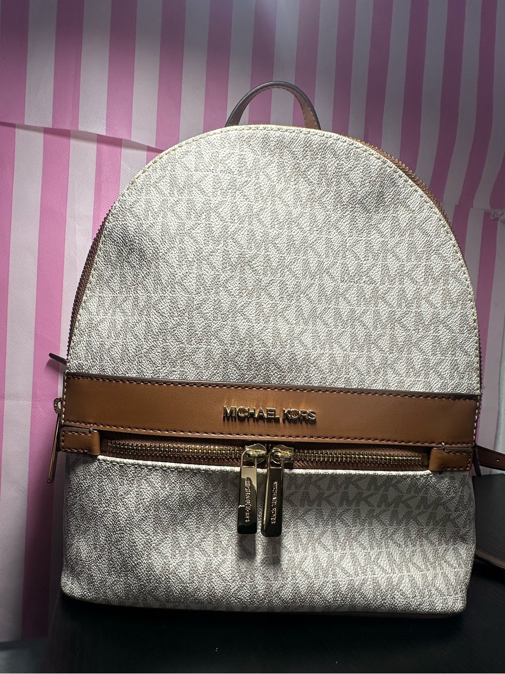 Michael Kors Cream and Brown Logo Backpack with Gold Hardware